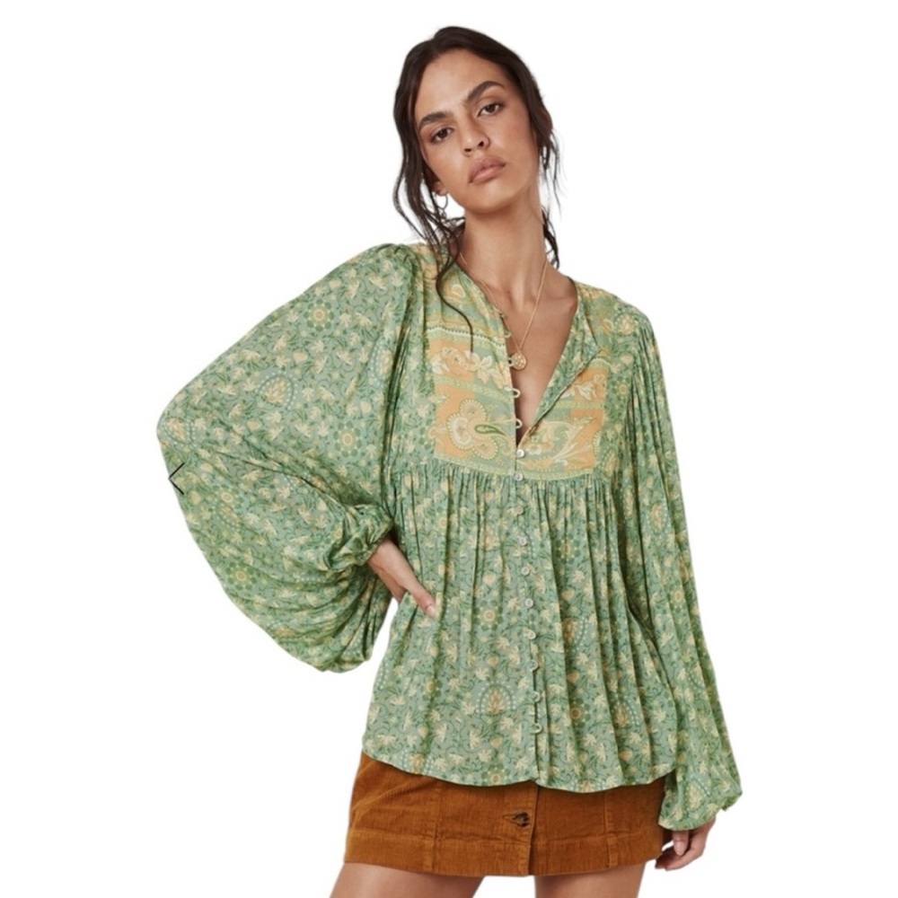 Spell Madame Peacock Green Embellished Long Sleeve Blouse Size Small